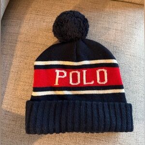 Polo by Ralph Lauren Ski Winter Vintage Style Navy and Red Pom-Pom Beanie